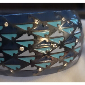 Vintage Bohemian Turquois Gray and Rhinestones Hinged Tribal Style Boho